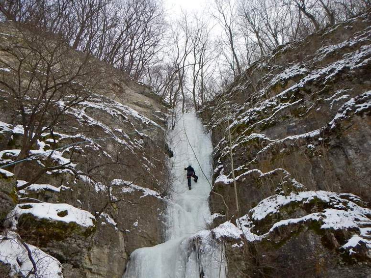 Frozen waterfall in Kamianets-Podilskyi